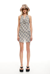 BANKS HALTER MINI DRESS - BEIGE PLAID Lioness Fashion