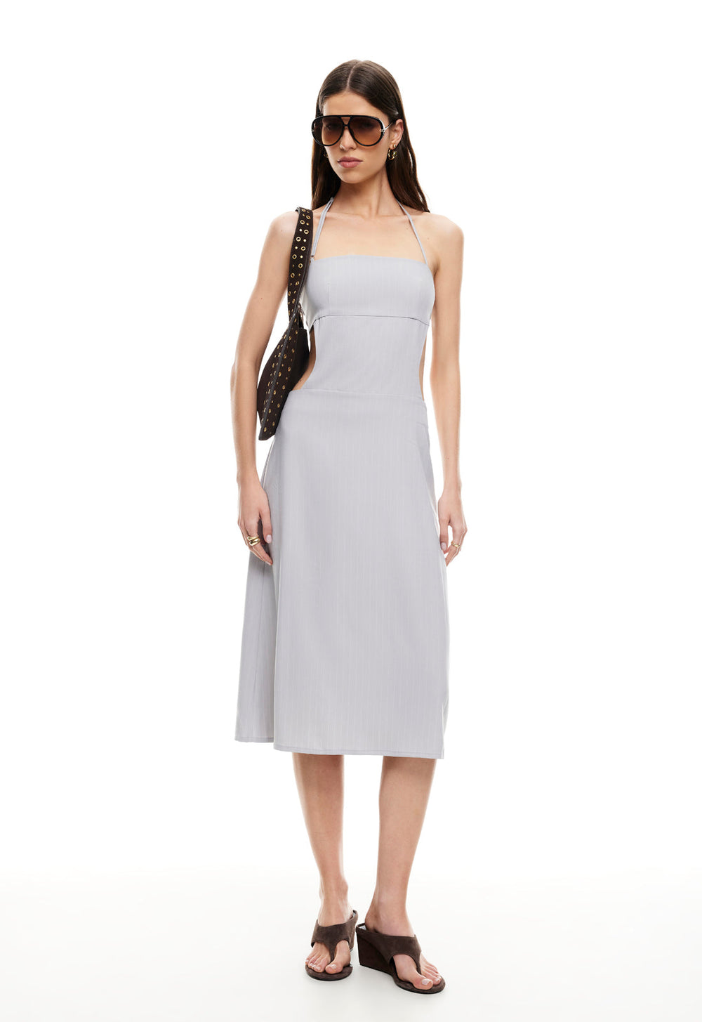 MOONLIT MIDI DRESS - LIGHT GREY PINSTRIPE Lioness Fashion