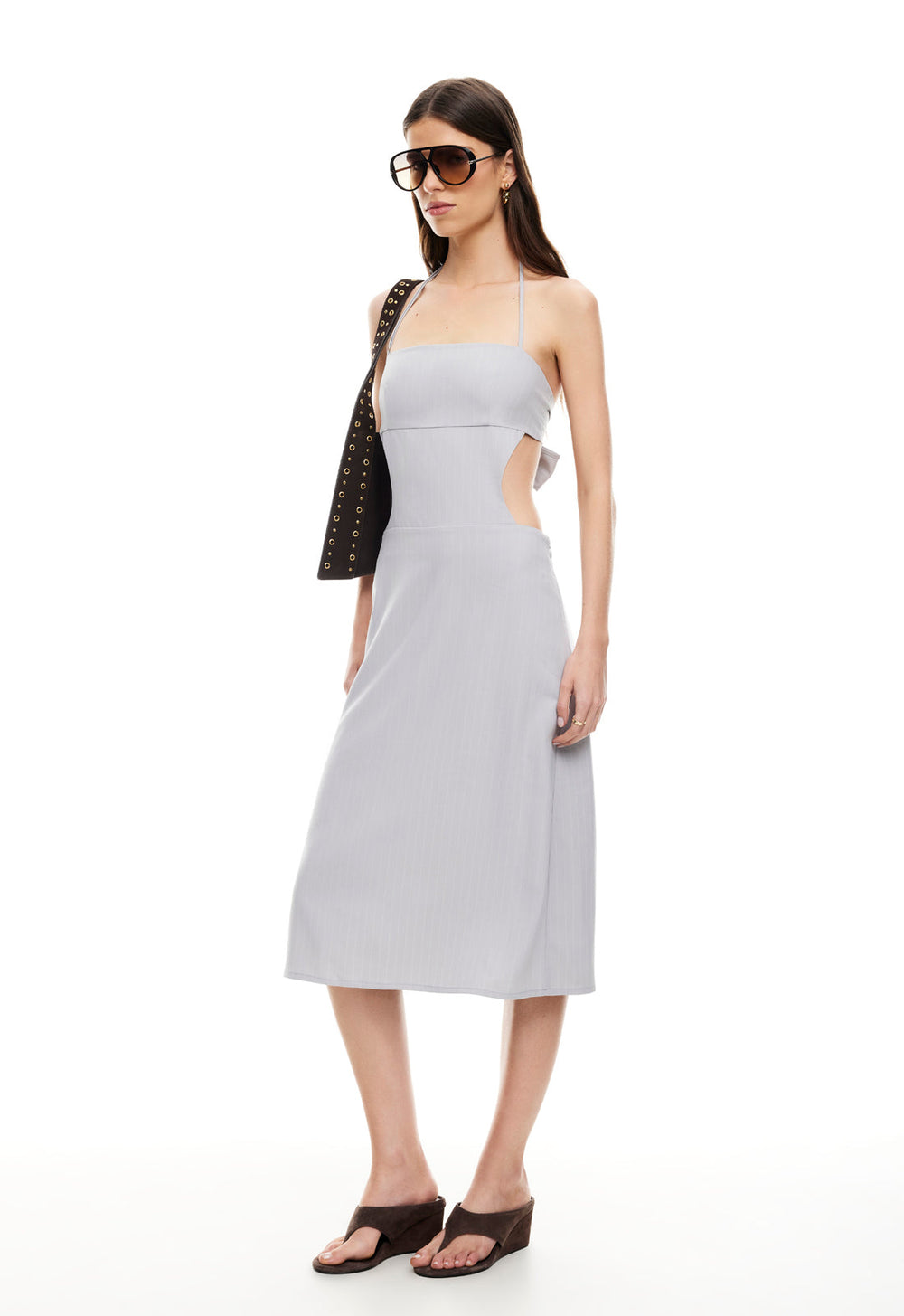 MOONLIT MIDI DRESS - LIGHT GREY PINSTRIPE Lioness Fashion